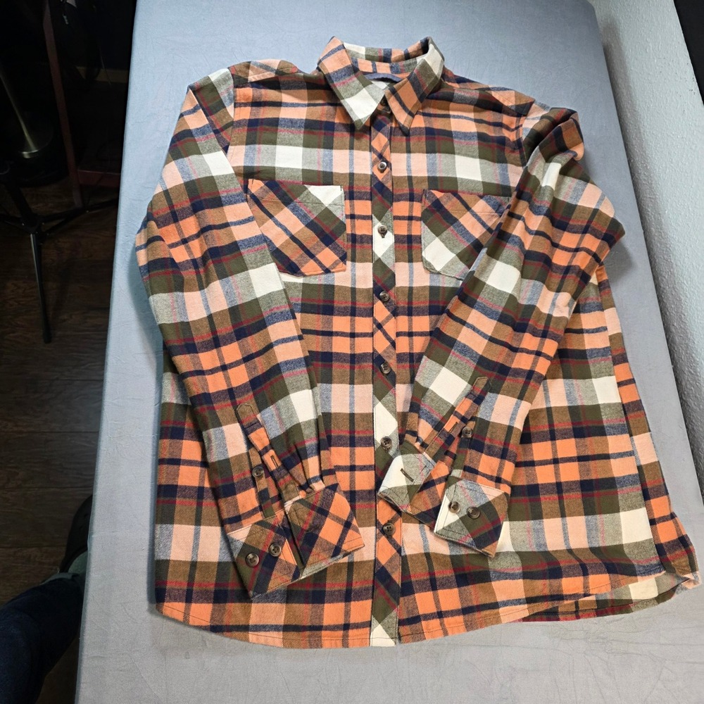 Natural Reflections Womens Small Plaid Flannel Button Down Shirt Orange Green S